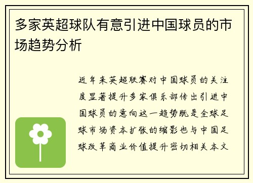 多家英超球队有意引进中国球员的市场趋势分析