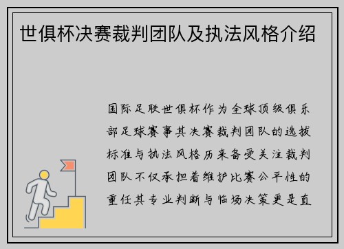 世俱杯决赛裁判团队及执法风格介绍